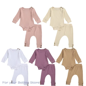 

0-24M Spring Autumn Newborn Baby Girl Boy Ribbed Outfits Long Sleeve Romper+Jogger Pants Crotch Button Solid Color 2pcs Clothes