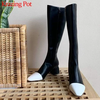 

krazing pot mixed colors fashion concise style cow leather square toe high heels winter women keep warm zip thigh high boots L71