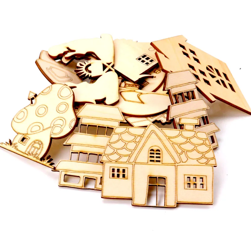 5Pcs Wooden House Lace Pattern Natural Scrapbooking Craft For