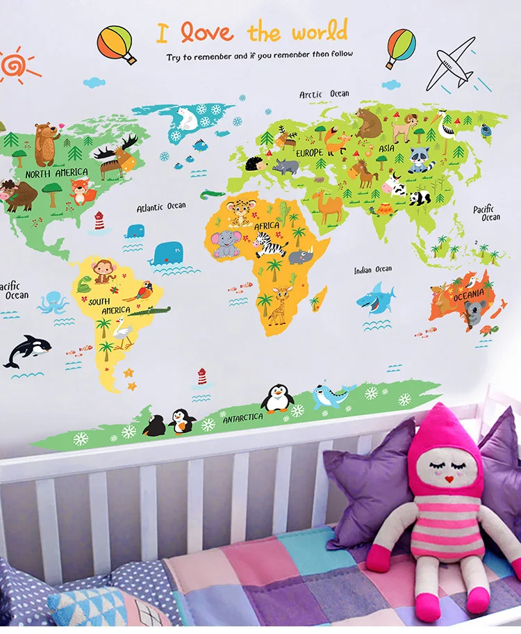 Детская комната Спальня в детском саду декоративная аппликация Съемная карта мира настенные наклейки для детей Настенные обои домашний декор