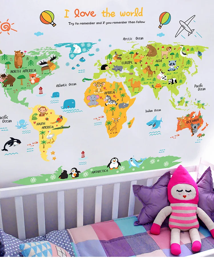  Children's room bedroom kindergarten decorative applique removable world map wall stickers for kids - 4000217968021