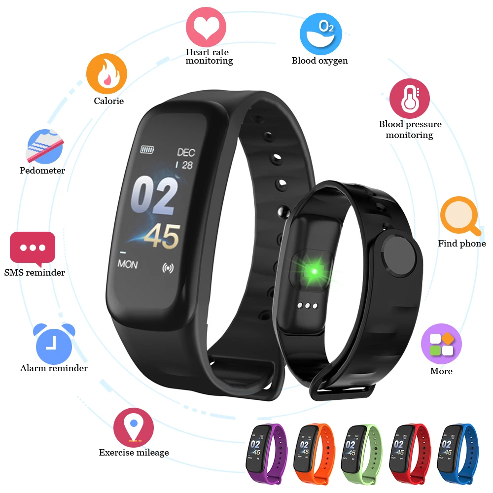 

C1Plus Smart Bracelet Color Screen Blood Pressure Fitness Tracker Heart Rate Monitor Smart Band Sport for Android IOS