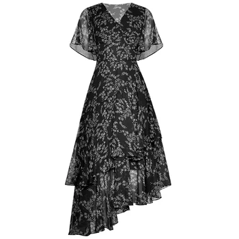 

Sexy V-neck Short Sleeve Multi-layer Irregular Floral Print Chiffon Dress New Summer Women 2020 Holiday Vestidos