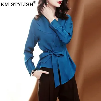 

Women's Shirts Imitation Silk Office Lady Satin Blouse 2019 New Long Sleeve Temperament Neck Bow Blue Top Chiffon Shirt