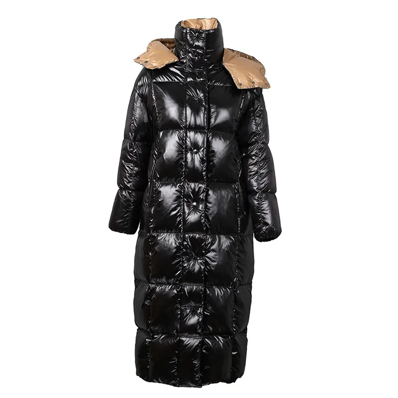 Зимний женский пуховик, утепленная Классическая глянцевая черная кожаная модная куртка с капюшоном, женские длинные куртки, пальто для женщин