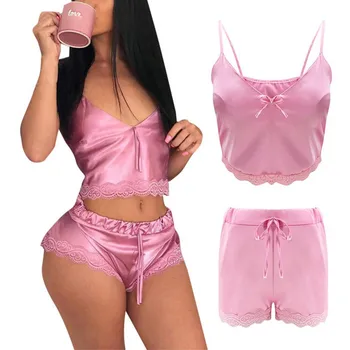 

Women Sweet Lace Set Waist Floral Side Bow Pink Solid Color Sleep wear Sexy Women Clothing