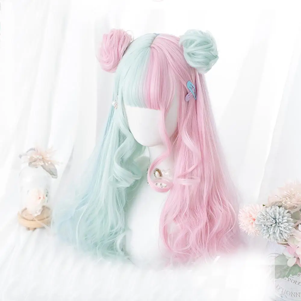 Cosplaymix 57CM Lolita Makaron Color Pink Mixed Mint Green Blue Ombre Long Curly Bangs Cute Synthetic Buns Cosplay Wig | Тематическая