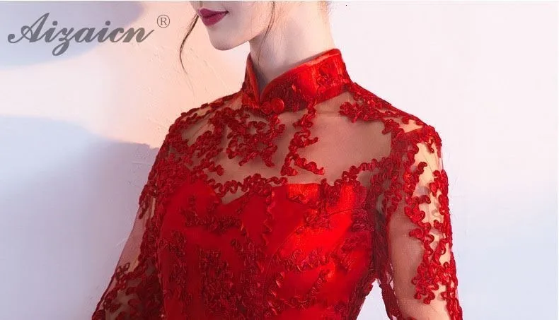Модное Длинное китайское красное свадебное платье с кружевами Qi Pao, традиционное китайское свадебное платье, вечернее платье Qipao