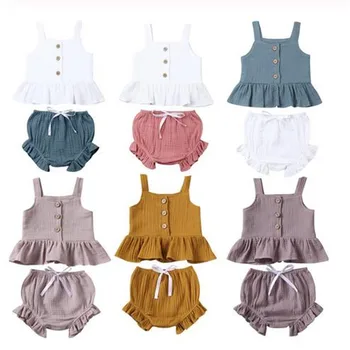 

1-5Years Kid Girls Clothes Set 2020 New Newborn Baby Girls Button Sleeveless Tank Tok + Mini Shorts Outfits 2Pcs Clothing Set