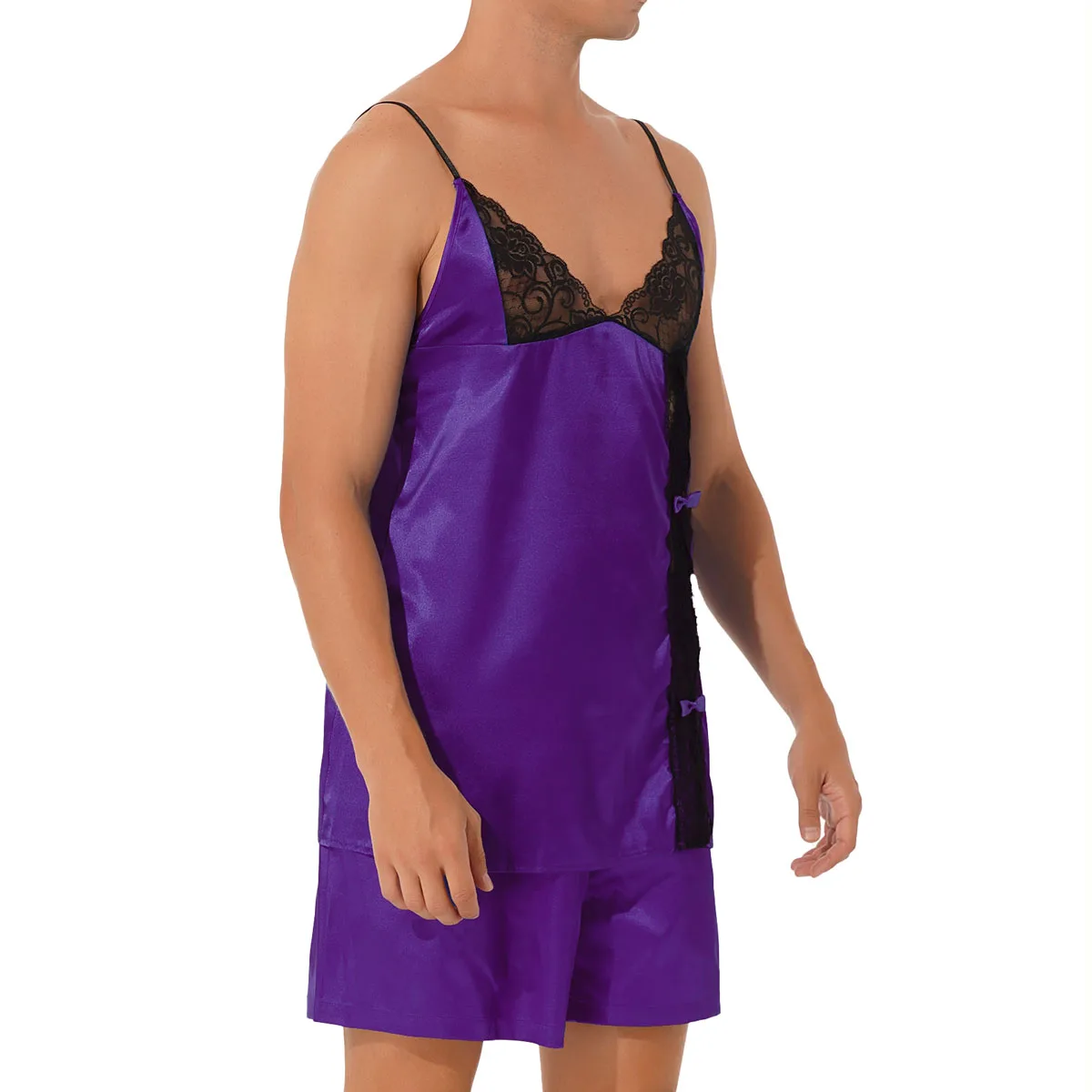 Men Satin Sissy Pajama Set Crossdressing Crop Top Shorts Nightwear Nightclothes 