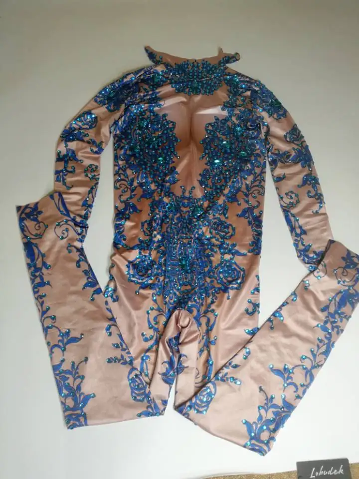 Blue Rhinestones Jumpsuit Female Performance Stage Outfit Nightclub Bar Singer Host Show Costume Dance Stretch Leotard Jumpsuits