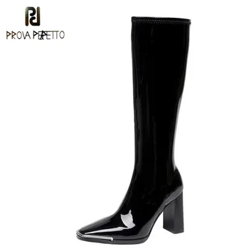 

Prova Perfetto Patent Leather Boots Woman Slim Square Toe Knee Boots Women Fashion Black High Heel Botas Feminina Zipper Woman