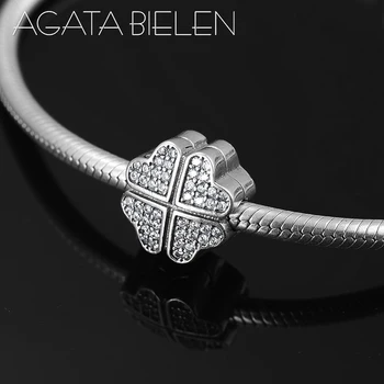 

925 Sterling Silver clear CZ luckly four-leaf clover fine heart clips Beads Fit Original Pandora Charm Bracelet Jewelry making