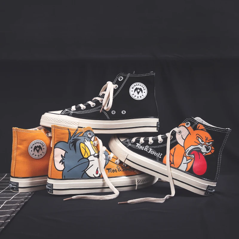 Мужская обувь для скейтбординга парусиновая обувь на плоской подошве с изображением кота и мышки модная обувь с высоким берцем для мальчиков, студентов дышащая сетчатая ткань, Всесезонная обувь
