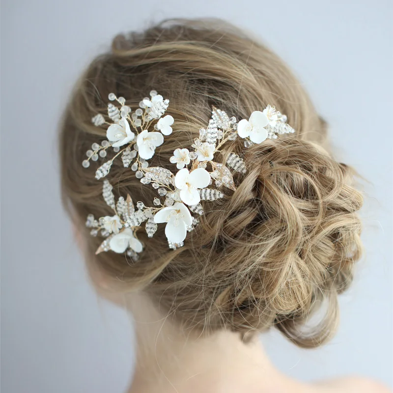 Ins, изящный фарфоровый цветок, свадебные украшения для волос, керамический цветочный свадебный гребень для волос, заколки ручной работы, женский головной убор для выпускного вечера - Окраска металла: AC172-3pcs set