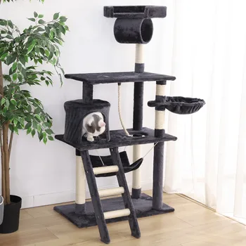 

Finether 55.5" Muti-Tier Dark-Gray Cat Tree Towel Play Furniture Scratching Posts and Ladders Playhouse with Perches Platforms