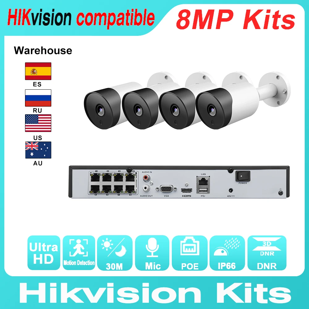 Hikvision совместимые наборы IP Bullet Camera 4K 8MP 4 шт. Встроенный микрофон IR + оригинальный NVR