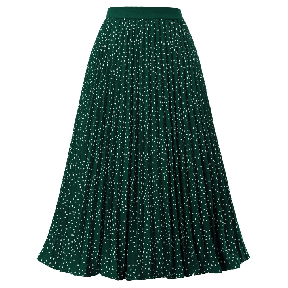 Dots Dark Green Kate Kasin модная женская плиссированная однотонная длинная эластичная юбка с высокой талией, винтажные Элегантные повседневные вечерние длинные юбки для девушек - Цвет: Dots Dark Green