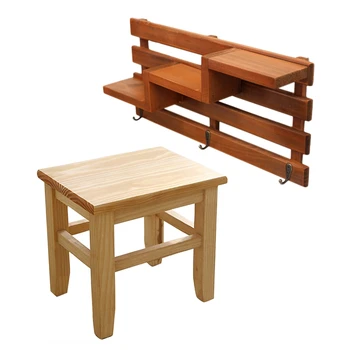 

1Pcs Wooden Wall Mounted 3 Hanger Hooks Floating Storage Shelf & 1Pcs Solid Wood Shoe Bench Stool Home Small Bench