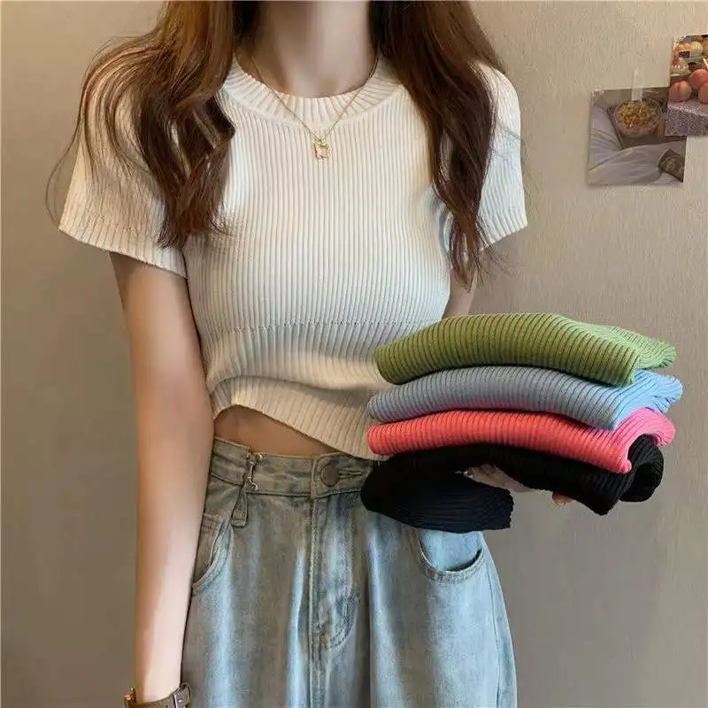 Summer Slim Thin Round Neck Solid Color Knitted Short-sleeved Pullover T-shirt Spring And Autumn New Fashion Bottoming Top