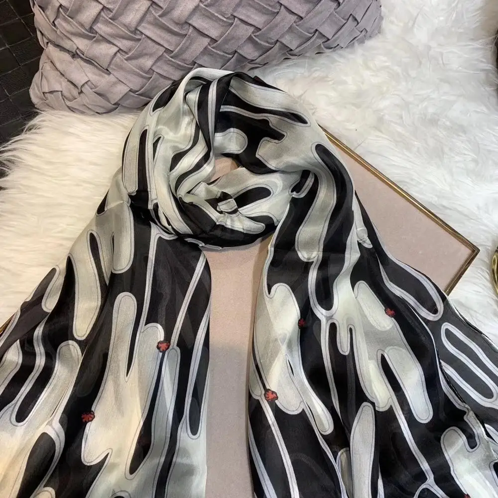 Женский шёлковый шарф черный белый золотистый длинный 100% x 180 см|brand silk scarf|fashion