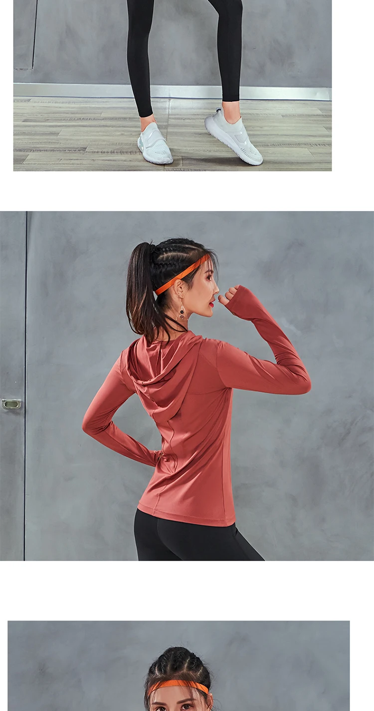Sports Sweatshirt Women Hooded Drawstring Yoga Top Workout Running Sweater Jacket Long Sleeve Thumb Hole Fitness Gym Sportswear