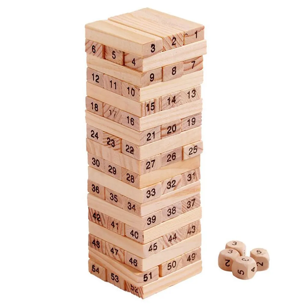 54 Pieces Log-coloured Digital Children's Stacked Building Blocks Wooden Tumbling Tower Game Family Garden Games Toy children s table curling educational toys parent child toys table games dryland curling family reunion group building games