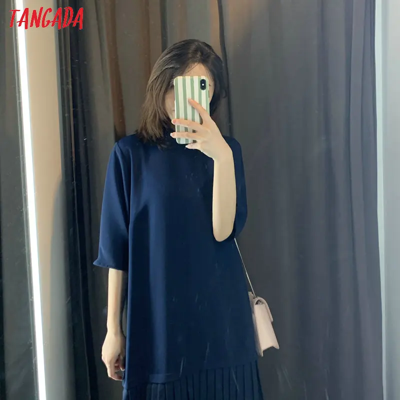 Tangada, модное женское однотонное Плиссированное мини-платье, водолазка, бант сзади, короткий рукав, Дамское милое платье, Vestidos 4M195