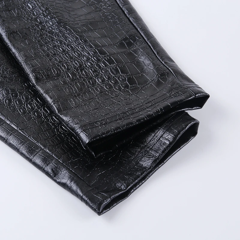 Женские черные брюки-карандаш из искусственной кожи с высокой талией, повседневные облегающие Женские брюки до щиколотки с рисунком