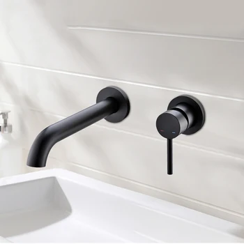 

Black Brass 15Cm Spout Single Switch Two Hole Hot And Cold Mixer Wall-Mounted Embedded Installation Bathroom Faucet