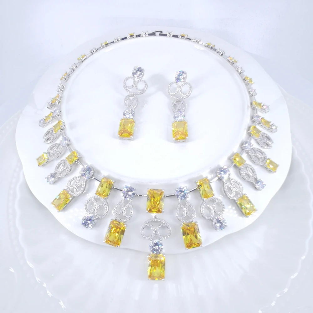 

2023 New fashion luxury YELLOW square zircon necklace earring jewelry set wedding bridel banquet party dinner dressing jewelry