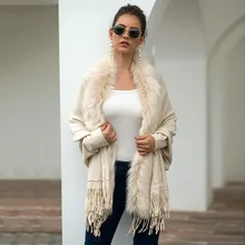 

MAYCAUR Autumn/Winter Women's Cardigan Sweater Fringed Cloak Shawl Fur Collar Pure Color Wool Sweater