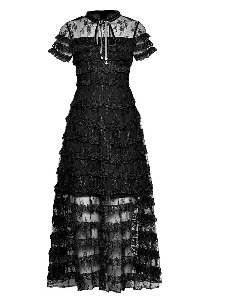 Европейское дизайнерское платье для подиума, женское летнее элегантное платье с бантом, черное/зеленое кружевное Сетчатое лоскутное длинное вечерние платье