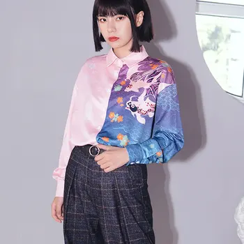 

Loose Patchwork Hit Color Print Shirt Top Women Clothes 2020 Spring New Fashion Loose Casual Turn Down Collar Blouse ZLL5024