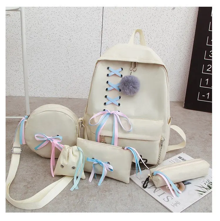 Women Backpack Korean Fashion Ribbon Bow 5pcs Cover Mother Bag Wild Large-capacity School Bag