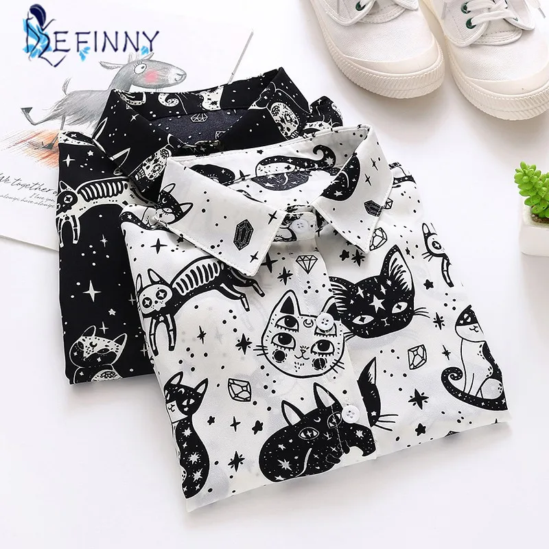 ladies shirts Women Shirt Cat Pattern Printed Personality Tops and Blouses Fashion Office Lady Long Sleeve Clothes White Black chiffon blouse