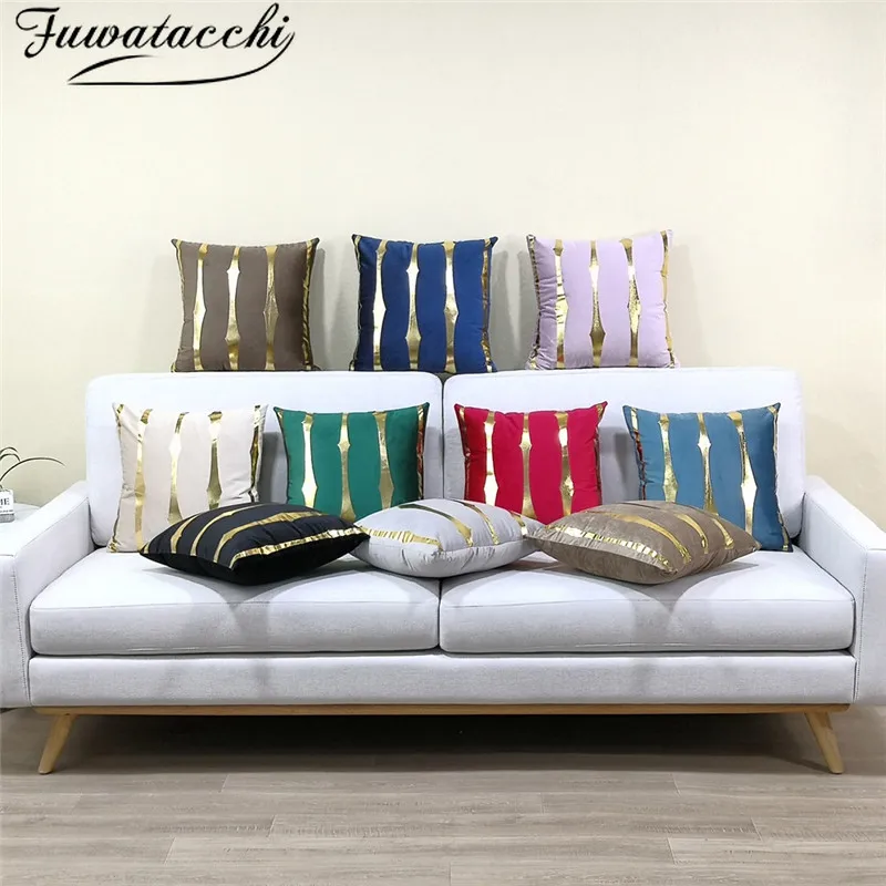 Fuwatacchi Gold Foli Geometric Lines Cushion Cover Striped Velvet Pillow Covers For Home Sofa Chair Decorative Throw Pillowcases | Дом и сад