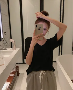 

YZY Spring and Summer Base-Collar Loose Short Sleeve Shirt Women's Solid Color Versatile Slim