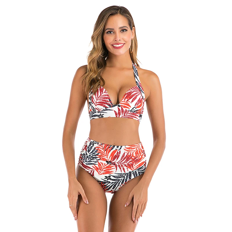 New Sexy High Waist Bikini Women Solid Color Swimsuit Plus Size Swimwear Plus Size S-3XL Girl Push Up Halter Bikini Set