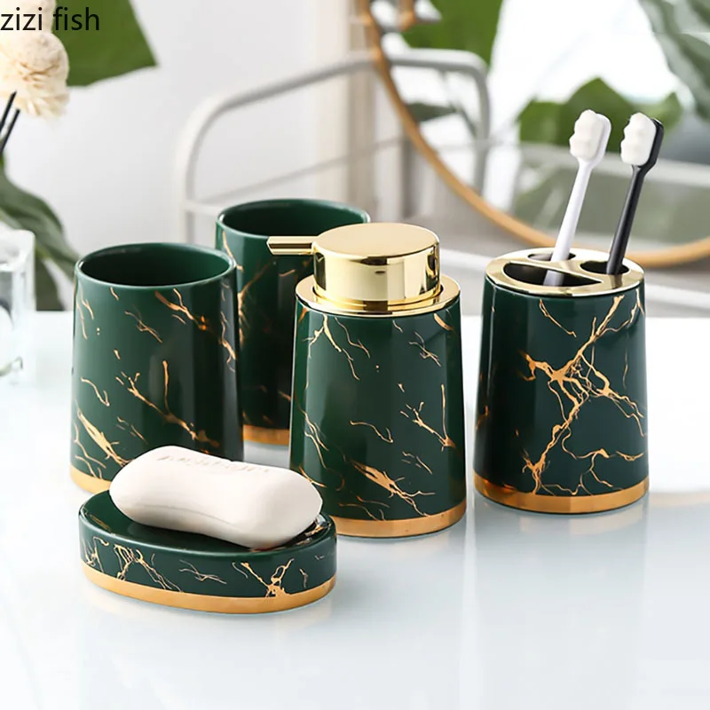 Imitation Marble Bathroom Accessories Set Gilded Bath Supplies Ceramic Portable Soap Dispenser Toothbrush Holder Soap Box Cup