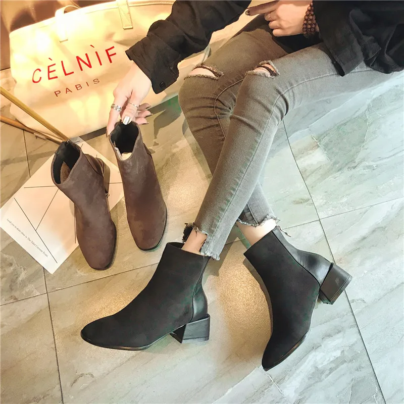 

Round Toe Flock Fashion Women Ankle Boots Med Platform Solid Vintage Chelsea Boots Square Heel Casual Zip Big Size Shoes