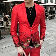 Новинка, Красный Мужской Блейзер, роскошный цветочный принт, вечерние спортивные пиджаки для выпускного, мужской модный приталенный Блейзер для свадьбы, мужской блейзер для ночного клуба