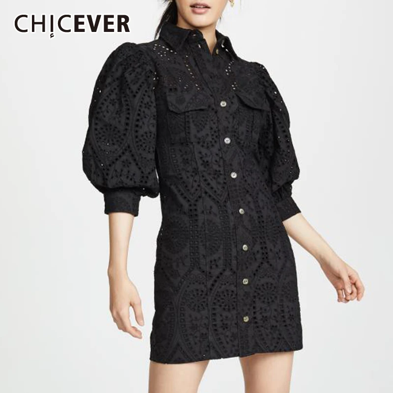 

CHICEVER Elegant Hollow Out Dress For Women Lapel Collar Lantern Sleeve High Waist Mini Dresses Female Summer Fashion New 2019