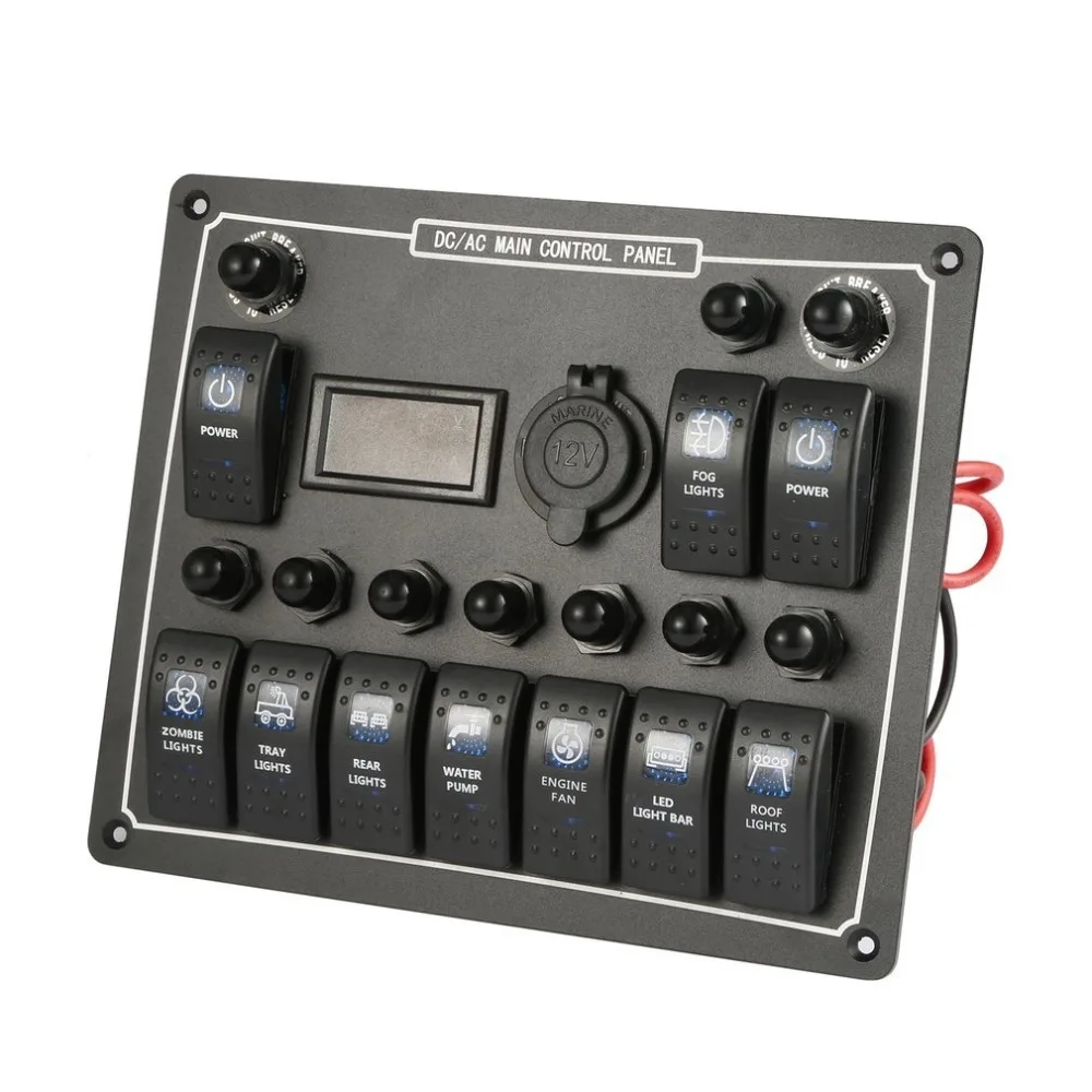 

10 Gang Waterproof Car Auto Boat Marine LED AC/DC Rocker Switch Panel Dual Power Control Overload Protection 15A DC Output