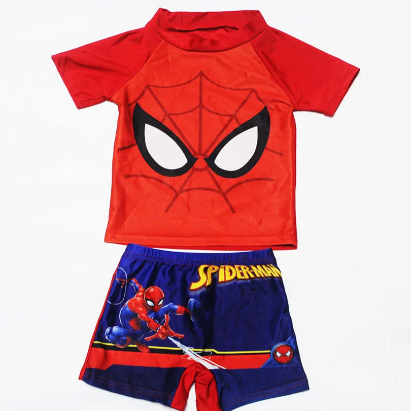 2-11Years Kids Teen Boys Swimwear 2pcs Swim Suit( T Shirt+ Trunk) Beach Swimsuits Sunblock Bathing Suit Superman Spiderman