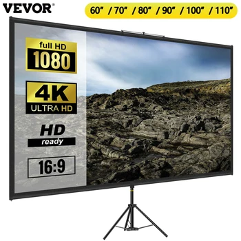 VEVOR 60 70 80 90 100 110 Inch Tripod Projector Screen W/ Stand 16:9 4K HD Portable Home Cinema for Indoor & Outdoor Projection 1