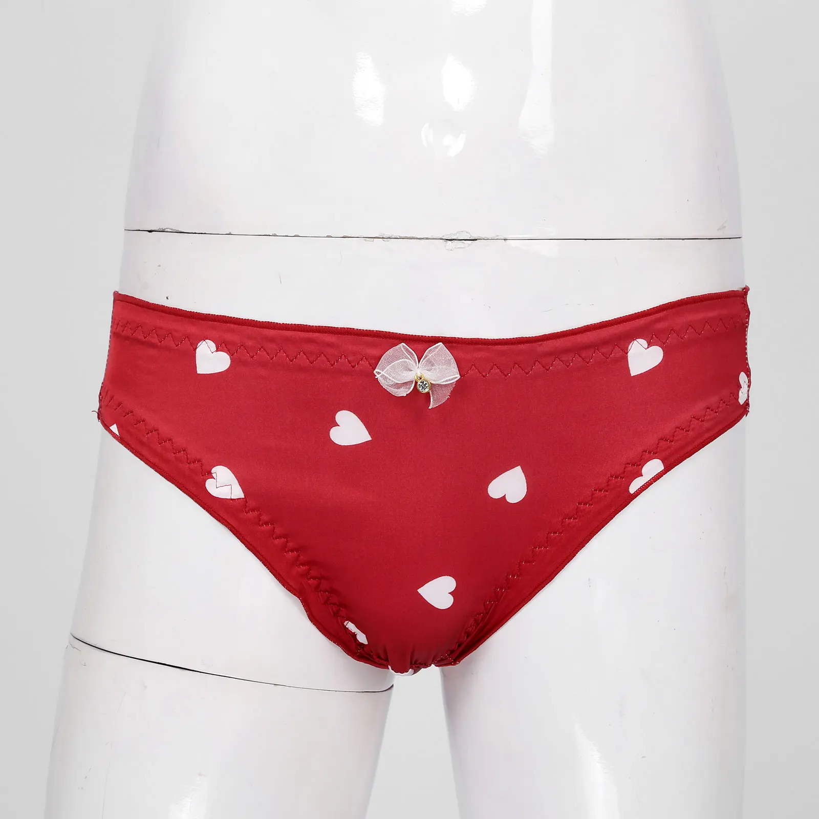 TiaoBug Man Sissy Gay Silky Briefs Cartoon Hearts Print Elastic Waist Ruffled Lace Mesh Bowknot Panties Underwear