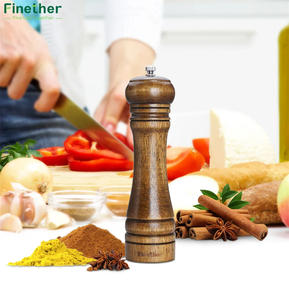 Finether Pepper Mills 8.7 inch Classical Wooden Pepper Sauce Spice Salt Corn Mill Grinder Hand Movement Convient Kitchen Tools9