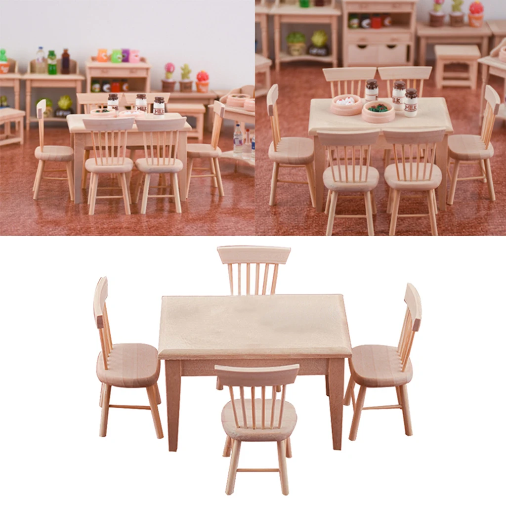 1:12 Dollhouse Mini Unpainted Dining Table And 4 Chairs Sets Life Ornaments