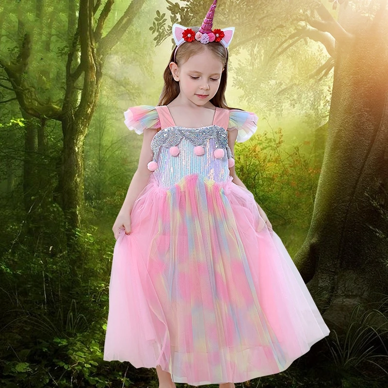 2020 Girl pink Unicorn Dresses for Girls Pretty Princess Party cloak Birthday Cosplay Halloween Costume Clothes | Детская одежда и